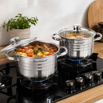 Set oale inox 8 piese HausRoland cu capac sticla, 1.9L–6.1L