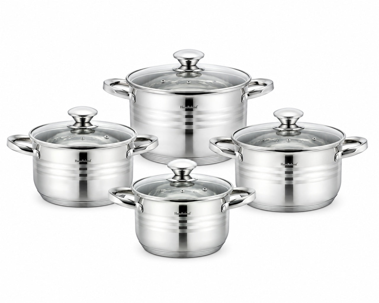 Set oale inox 8 piese HausRoland cu capac sticla, 1.9L–6.1L