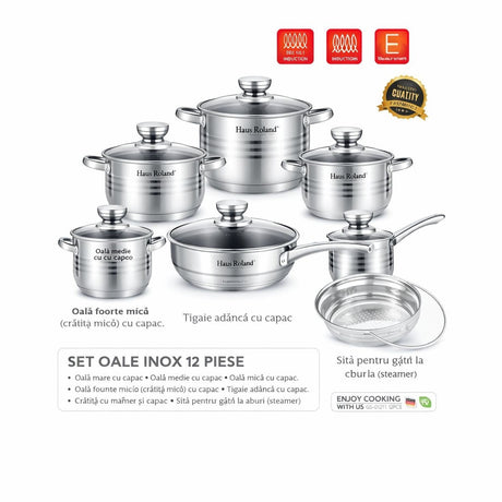 Set oale inox HausRoland 12 piese cu capace din sticlă și accesoriu pentru gătit la abur