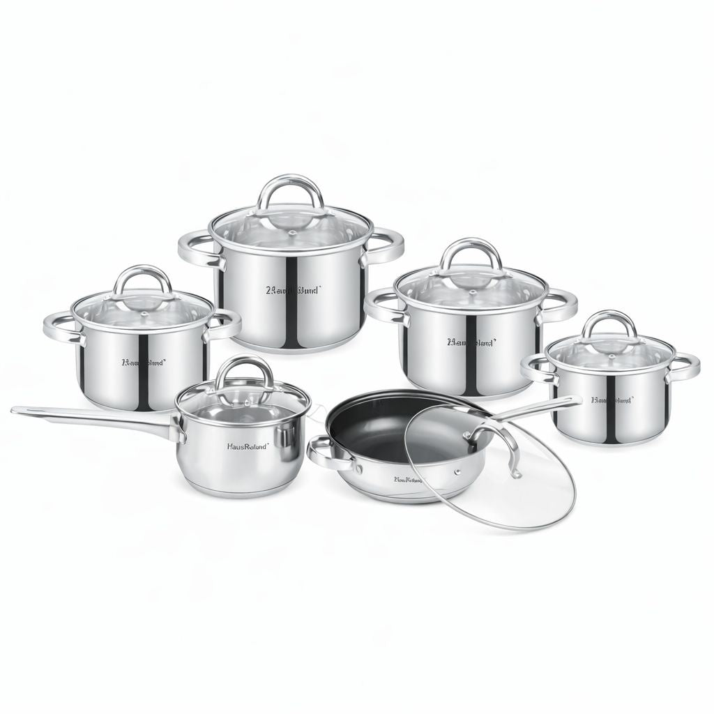 Set oale inox HausRoland 12 piese cu capace din sticlă, tigaie și cratiță, compatibil inducție