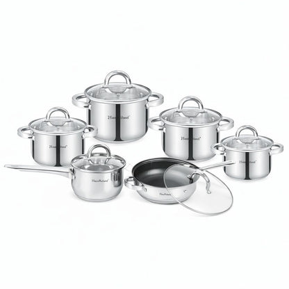 Set oale inox HausRoland 12 piese cu capace din sticlă, tigaie și cratiță, compatibil inducție