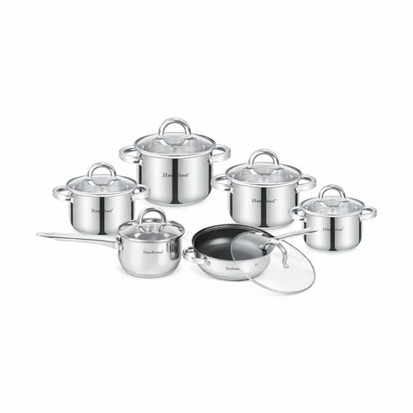 Set oale inox HausRoland 12 piese cu capace din sticlă, tigaie și cratiță, compatibil inducție