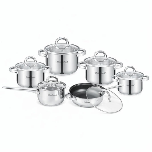Set oale inox HausRoland 12 piese cu capace din sticlă, tigaie și cratiță, compatibil inducție