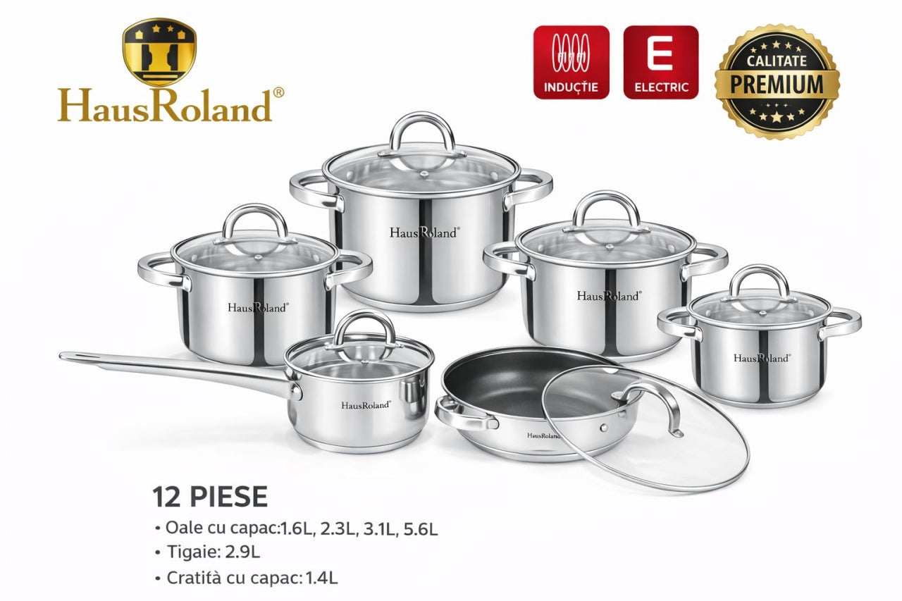 Set oale inox HausRoland 12 piese cu capace din sticlă, tigaie și cratiță, compatibil inducție