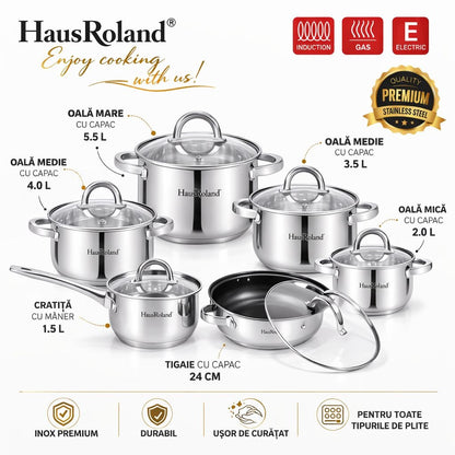 Set oale inox HausRoland 12 piese cu capace din sticlă, tigaie și cratiță, compatibil inducție