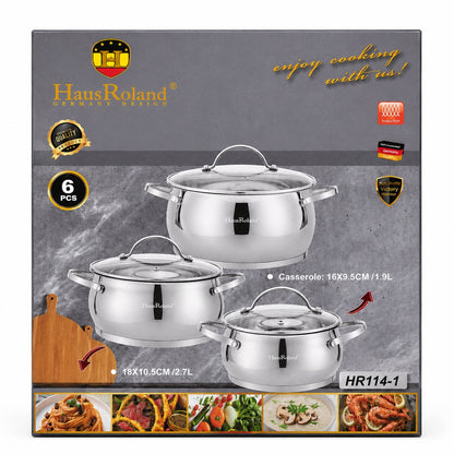 Set oale inox HausRoland 6 piese cu capace sticla, inductie, 1.9L–3.6L