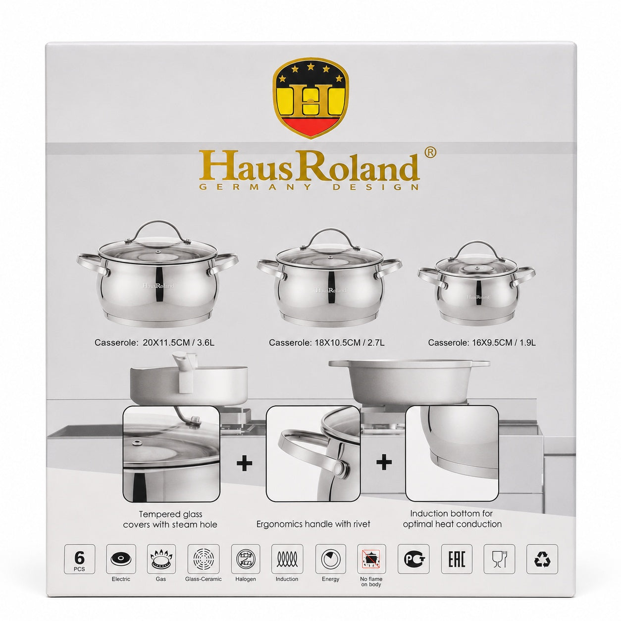 Set oale inox HausRoland 6 piese cu capace sticla, inductie, 1.9L–3.6L