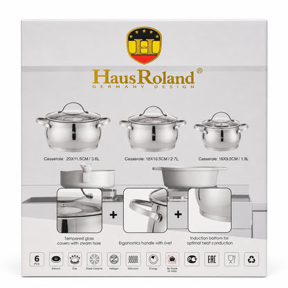 Set oale inox HausRoland 6 piese cu capace sticla, inductie, 1.9L–3.6L