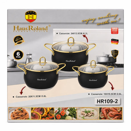 Set oale inox HausRoland 6 piese negre cu auriu, capace sticla, 2.6L–6.1L