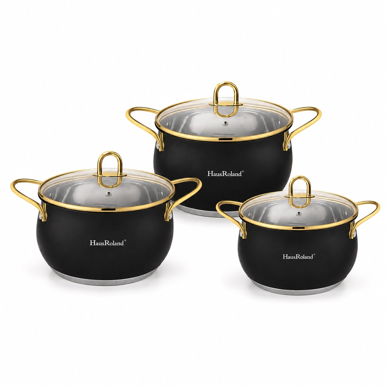 Set oale inox HausRoland 6 piese negre cu auriu, capace sticla, 2.6L–6.1L