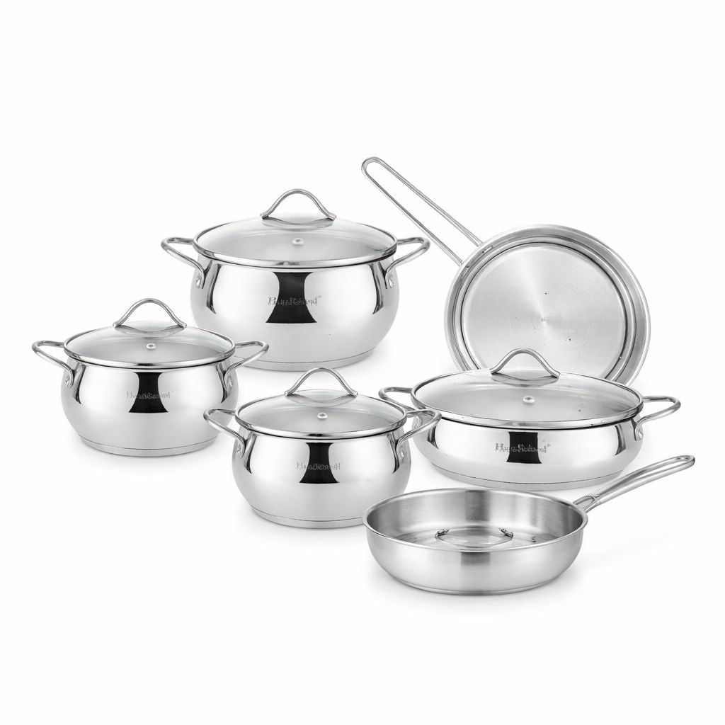 Set oale și tigăi din oțel inoxidabil cu capace din sticlă, 9 piese, compatibil inducție