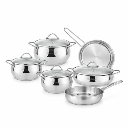 Set oale și tigăi din oțel inoxidabil cu capace din sticlă, 9 piese, compatibil inducție