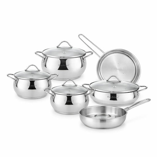 Set oale și tigăi din oțel inoxidabil cu capace din sticlă, 9 piese, compatibil inducție