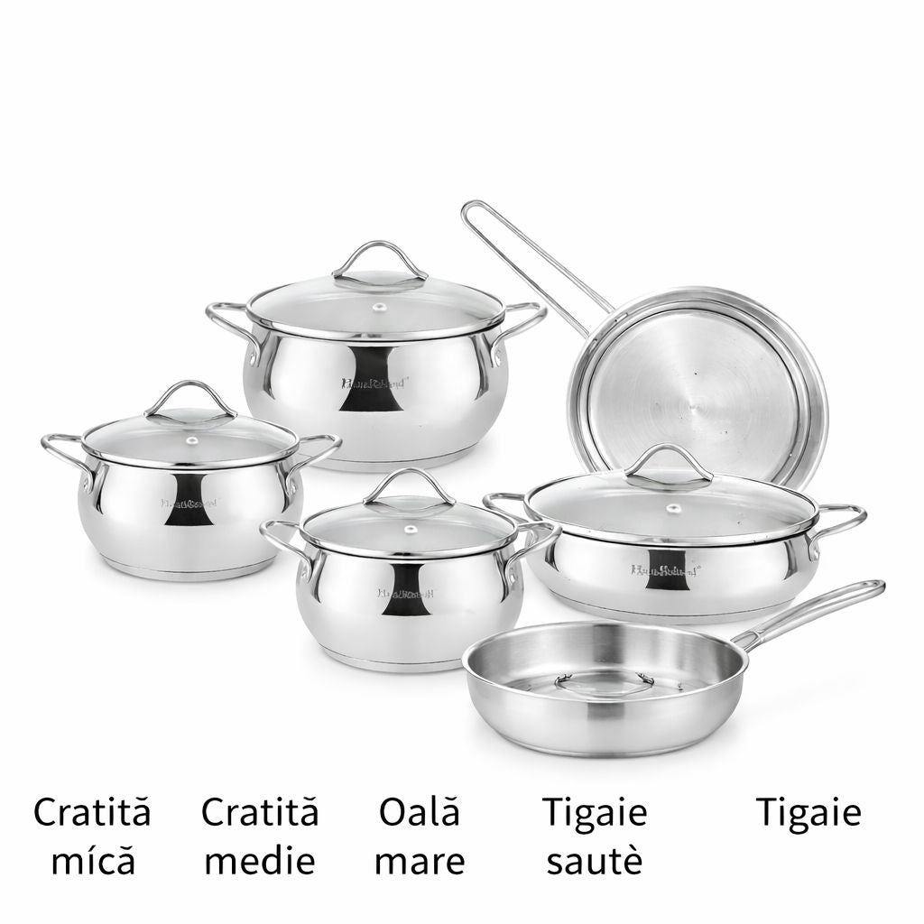 Set oale și tigăi din oțel inoxidabil cu capace din sticlă, 9 piese, compatibil inducție