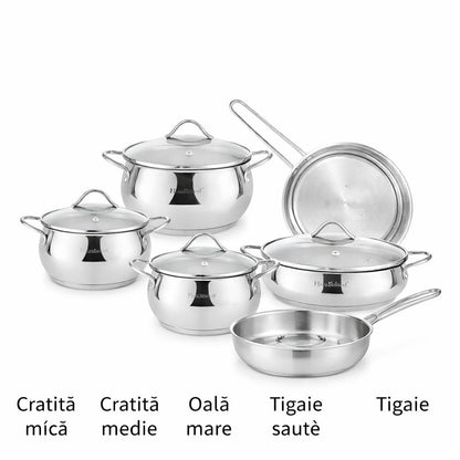 Set oale și tigăi din oțel inoxidabil cu capace din sticlă, 9 piese, compatibil inducție