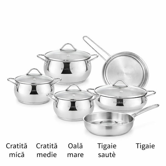 Set oale și tigăi din oțel inoxidabil cu capace din sticlă, 9 piese, compatibil inducție