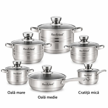 Set oale și tigaie din oțel inoxidabil cu capace din sticlă,12 piese, compatibil inducție