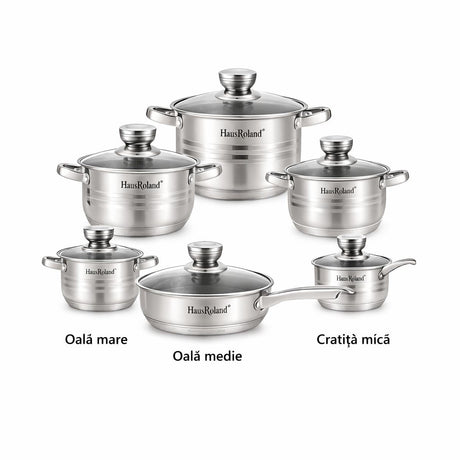 Set oale și tigaie din oțel inoxidabil cu capace din sticlă,12 piese, compatibil inducție