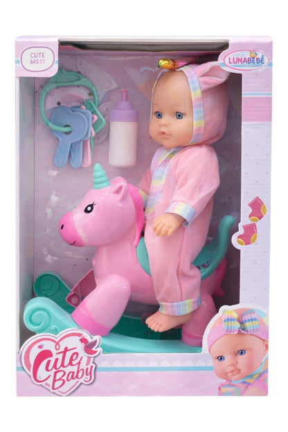 Set păpușă bebeluș cu balansoar unicorn, biberon și jucărie, plastic, 29 cm, Cute Baby