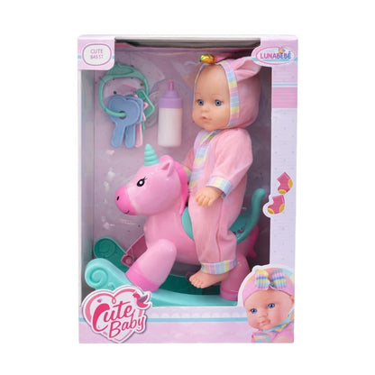 Set păpușă bebeluș cu balansoar unicorn, biberon și jucărie, plastic, 29 cm, Cute Baby