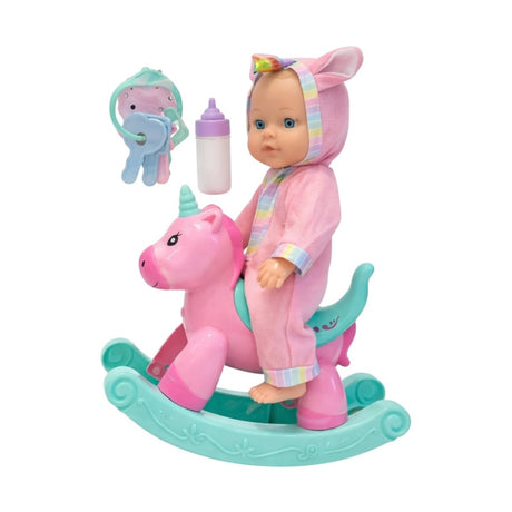 Set păpușă bebeluș cu balansoar unicorn, biberon și jucărie, plastic, 29 cm, Cute Baby