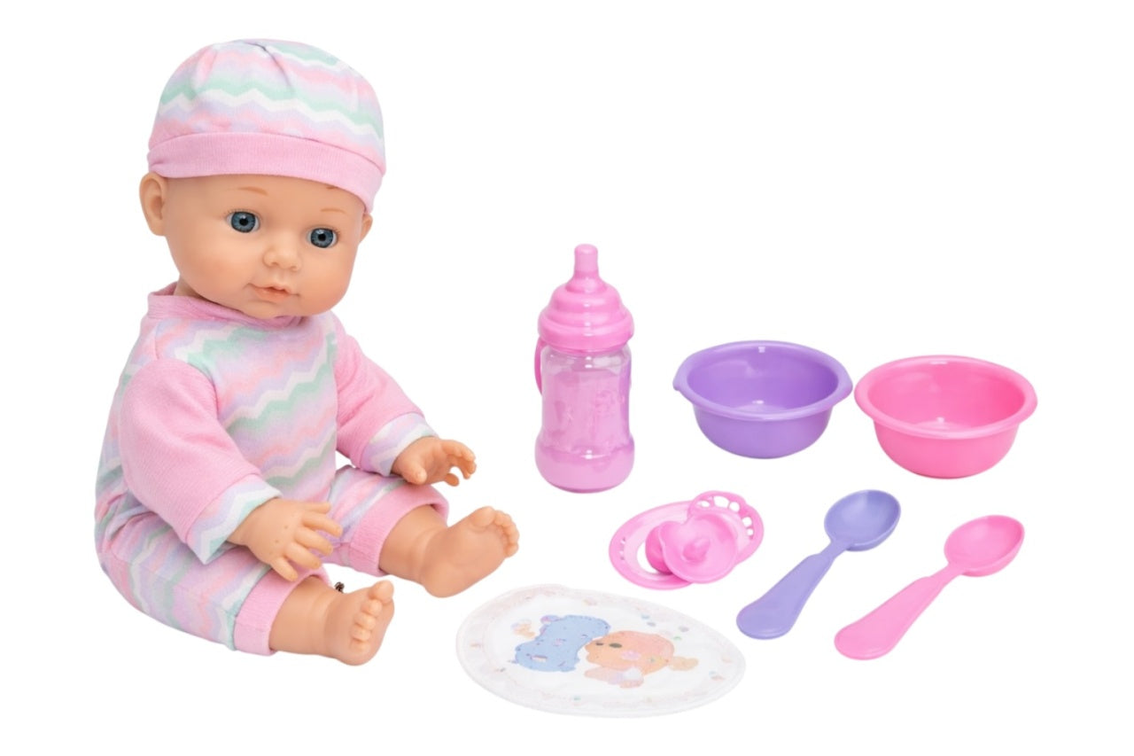 Set păpușă bebeluș din plastic cu accesorii de hrănire și haine detasabile, 32 cm