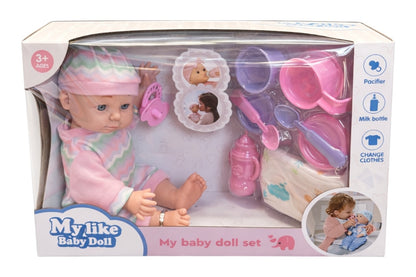 Set păpușă bebeluș din plastic cu accesorii de hrănire și haine detasabile, 32 cm