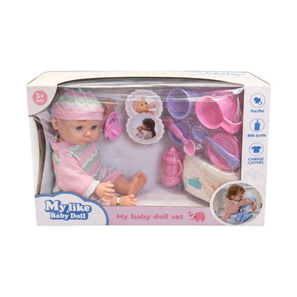 Set păpușă bebeluș din plastic cu accesorii de hrănire și haine detasabile, 32 cm