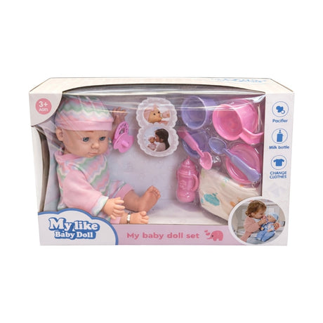 Set păpușă bebeluș din plastic cu accesorii de hrănire și haine detasabile, 32 cm