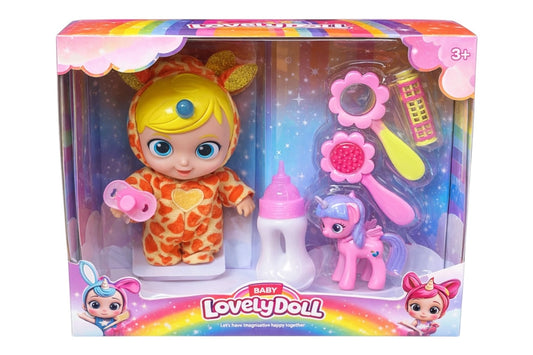 Set papusa Lovely Doll cu accesorii colorate, suzeta si biberon, inaltime 23 cm, varsta 3+