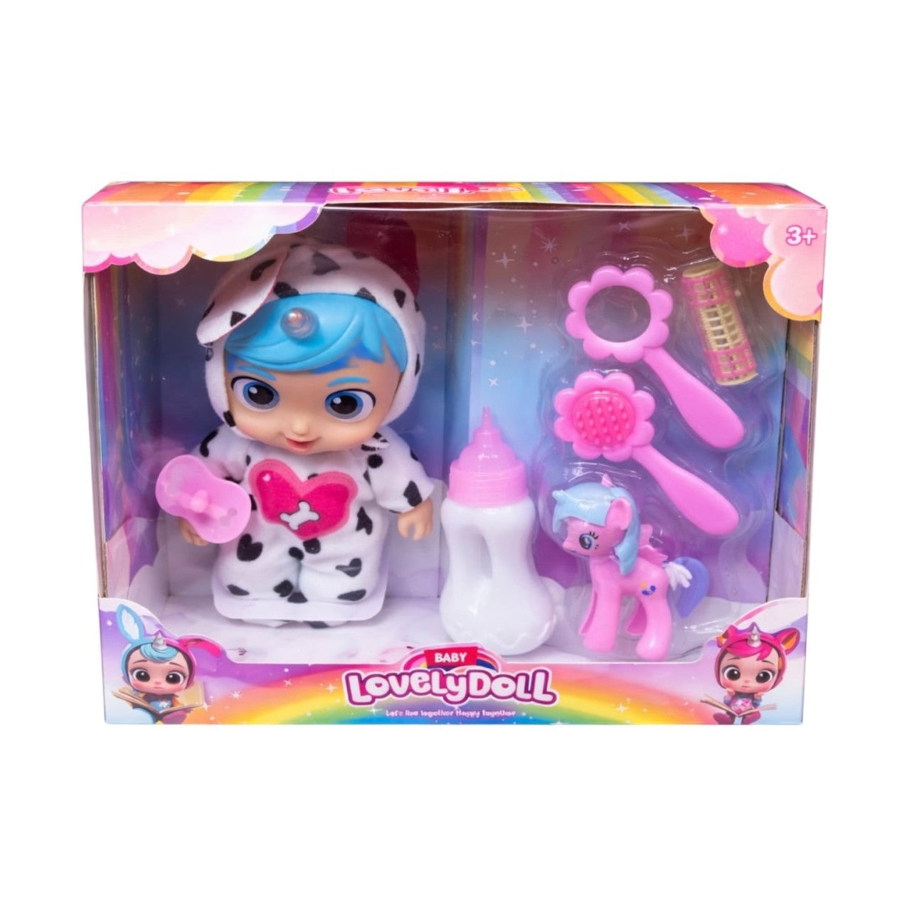 Set păpușă Lovely Doll cu accesorii - suzeta și biberon, 27 cm, multicolor