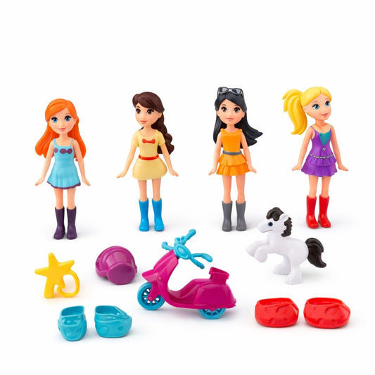 Set papusi mini cu accesorii, 4 figurine fetite cu scuter si calut, jucarie copii 44x36 cm