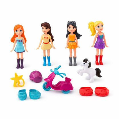 Set papusi mini cu accesorii, 4 figurine fetite cu scuter si calut, jucarie copii 44x36 cm