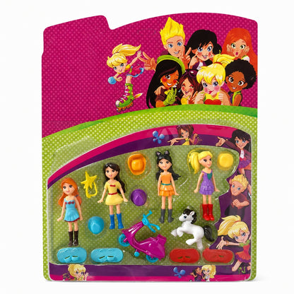 Set papusi mini cu accesorii, 4 figurine fetite cu scuter si calut, jucarie copii 44x36 cm