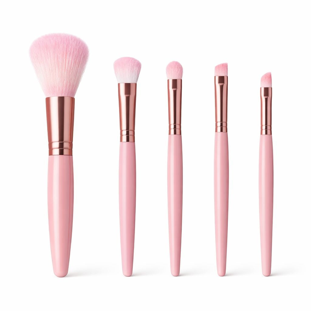 Set pensule machiaj 5 piese, diverse culori: nude, roz, gri