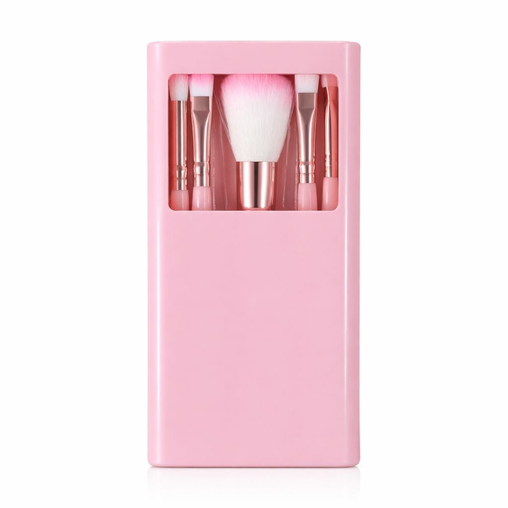 Set pensule machiaj 5 piese, diverse culori: nude, roz, gri