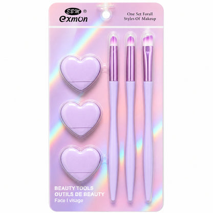 Set Pensule și Bureței Machiaj Mov – 3 Pensule Profesionale și 3 Bureței pentru Makeup Perfect