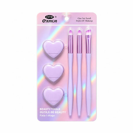 Set Pensule și Bureței Machiaj Mov – 3 Pensule Profesionale și 3 Bureței pentru Makeup Perfect