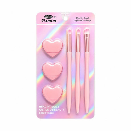 Set Pensule și Bureței Machiaj Roz – 3 Pensule Profesionale și 3 Bureței pentru Makeup Perfect