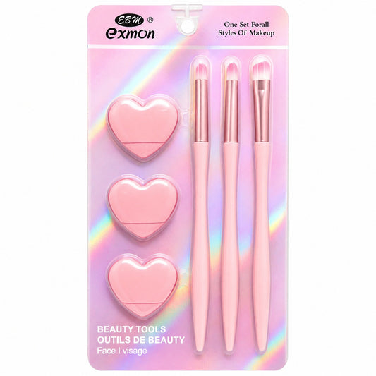 Set Pensule și Bureței Machiaj Roz – 3 Pensule Profesionale și 3 Bureței pentru Makeup Perfect