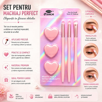 Set Pensule și Bureței Machiaj Roz – 3 Pensule Profesionale și 3 Bureței pentru Makeup Perfect