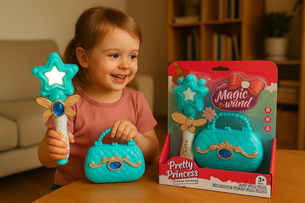 Set Pretty Princess cu bagheta magica albastra si gentuta eleganta, 25x21.5cm, jucarie fete 3+ ani