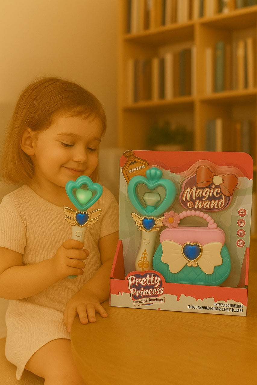 Set Pretty Princess cu bagheta magica inima si gentuta turcoaz-roz, jucarie pentru fetite 3+ ani, 25x21.5cm