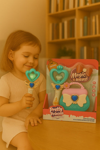 Set Pretty Princess cu bagheta magica inima si gentuta turcoaz-roz, jucarie pentru fetite 3+ ani, 25x21.5cm