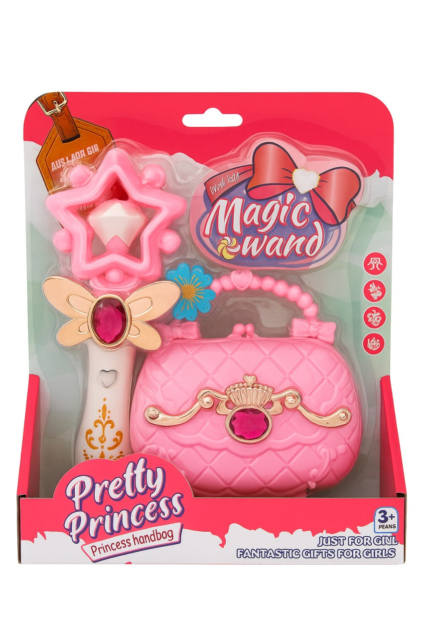 Set Pretty Princess cu bagheta magica si gentuta roz, jucarie pentru fetite, 25x21.5cm, 3+ ani
