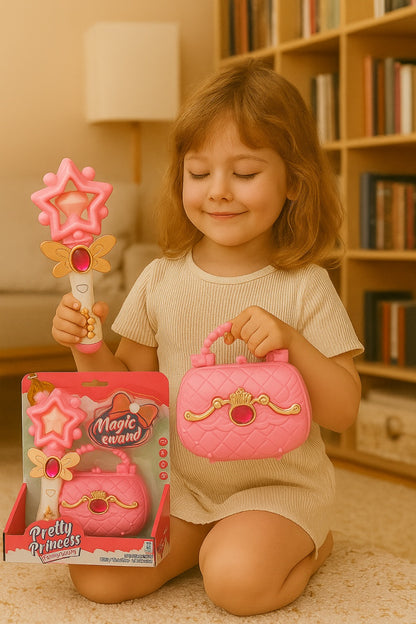 Set Pretty Princess cu bagheta magica si gentuta roz, jucarie pentru fetite, 25x21.5cm, 3+ ani