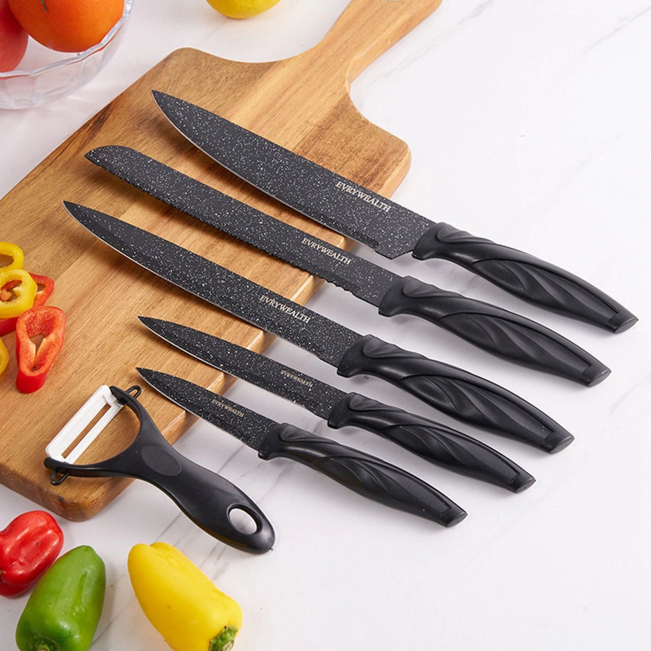 Set profesional 6 cutite bucatarie cu decojitor, lame antiaderente tip granit, ultra ascutite