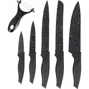 Set profesional 6 cutite bucatarie cu decojitor, lame antiaderente tip granit, ultra ascutite