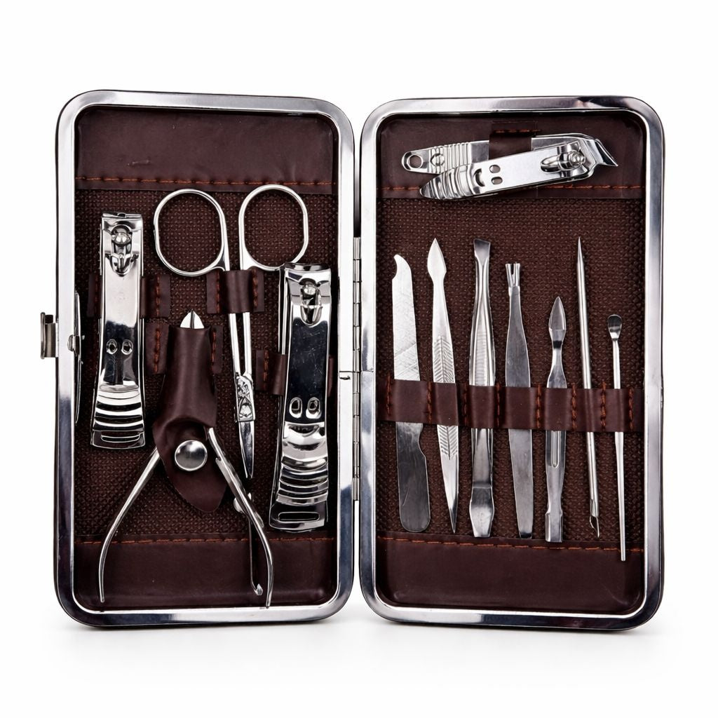 Set profesional manichiură și pedichiură, 12 piese, în husă elegantă cu model carouri