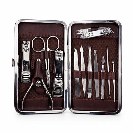 Set profesional manichiură și pedichiură, 12 piese, în husă elegantă cu model carouri